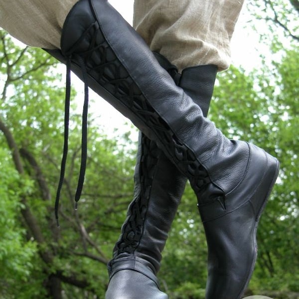 Custom size! Armstreet Medieval Men's High Leather Boots "Forest"; LARP; SCA; Ren Fest Cosplay; Historical Reenactment; Laced shoes