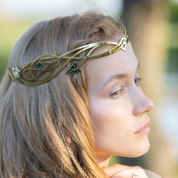 Armstreet Elvish enamelled brass circlet “Water Flowers”; Medieval Crown; Elvish Diadem; Renaissance Tiara; LARP; SCA; Ren Fair headpiece