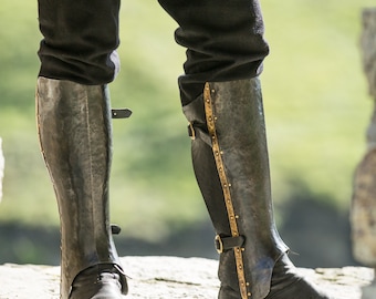 Armstreet Half Leather Greaves "The Wayward Knight";  Steel And Leather Calf Armor; LARP; SCA; Cosplay; Medieval Warrior Protection