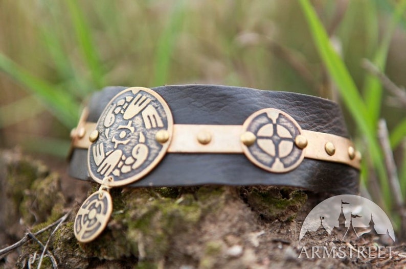 25/% OFF Leather Choker Archeress exclusive brass etched fantasy style necklace