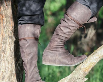 In stock! Armstreet Medieval Men's High Leather Boots "Forest"; Matte laced leather shoes; LARP; SCA; Ren Fest Cosplay Footwear [preorder]