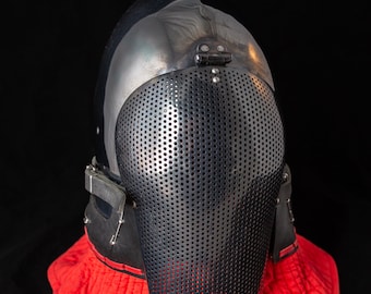 Armstreet Italian Bascinet Longface for WMA; Blackened SpringSteel Helm; HEMA; Swrordplay; Fencing; Buhurt; SCA protection gear