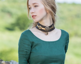 Armstreet Leather Choker with Etched Accents "Secret Garden"; LARP; SCA; Ren Fest Cosplay; Medieval style necklace