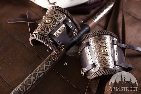 Viking Bracers With Etched Brass Accents gudrun the Wolfdottir