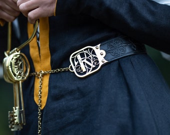 Armstreet Embossed leather belt "Keys & Symbols" (with customised letters); LARP; SCA; Ren Fest cosplay; Medieval; Renaissance Noble belt