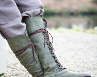 Armstreet Medieval Men's High Leather Boots "Forest"; HEMA; SCA; LARP; Ren Fest Cosplay; laced shoes