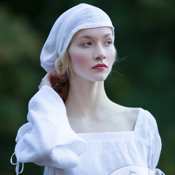 Coiffe de femme d'Armstreet « Souvenirs de Renaissance » ; Bonnet Sainte Brigitte en lin ; GN ; SCA ; Cosplay ; Casque médiéval de reconstitution historique