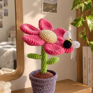 Haakpatroon voor een bloempot, extra grote madeliefjesplant met stengelknoppen en mini-bijtje (digitale download)