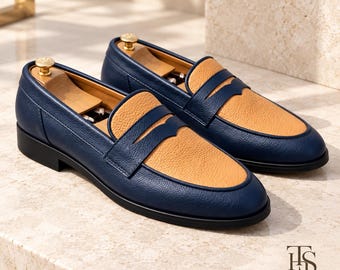 Marineblauwe en beige leren penny loafers voor heren, handgemaakte tweekleurige geklede schoenen