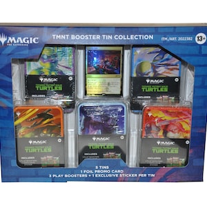 May include: A Magic: The Gathering TMNT Booster Tin Collection box set featuring five metal tins with Teenage Mutant Ninja Turtles artwork, one foil promo card, and text indicating it includes 3 play boosters and 1 exclusive sticker per tin.