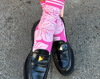 Pink Hibiscus Crew Socks, Floral Statement Socks for Women
