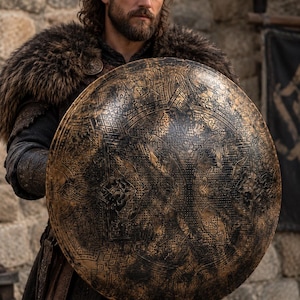May include: A large, circular, bronze-coloured shield featuring intricate, embossed geometric and floral patterns with a dark, weathered patina. The shield has a central star-like design and a textured surface, held by a person wearing a dark, fur-trimmed garment.