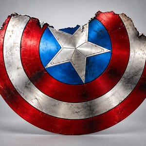 May include: A circular shield featuring a central silver star on a blue background, surrounded by alternating red and silver rings. The upper edge of the shield appears damaged with jagged, torn metal sections and a weathered, distressed finish.