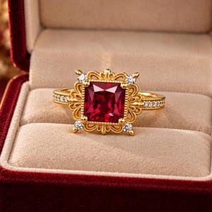 Ruby Ring 8mm Square Cut, Lab-Grown Gemstone, 925 Gold-Plated Sterling Silver, White Zircon Accents
