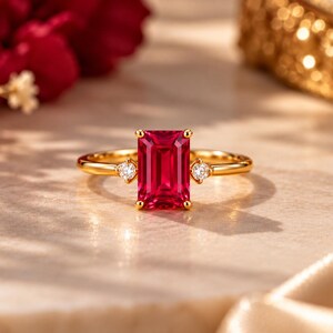 Ruby Ring 8x5mm Emerald Cut, Lab-Grown Red Gemstone, 925 Gold-Plated Sterling Silver, White Zircon