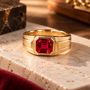 May include: A gold ring featuring a rectangular, step-cut vibrant red gemstone set in a bezel setting. The band has a smooth, polished finish with a wide, structured design that tapers slightly toward the back of the ring.