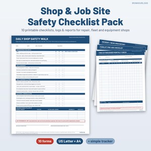 Puede incluir: Un paquete de listas de verificación de seguridad para talleres y sitios de trabajo con 10 formularios, registros e informes imprimibles. Los documentos son blancos con texto y encabezados azul oscuro, incluyendo un formulario de recorrido de seguridad diario.
