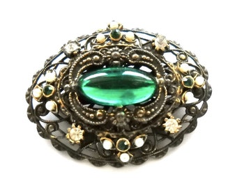 Vintage Bohemian Czech Brooch Pin Green Glass Cabochon, Seed Pearls & Rhinestones  circa 1915