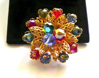 Vintage Floral Brooch Pin Aurora Borealis Colorful Glass Beads & Golden Filigree  circa 1960