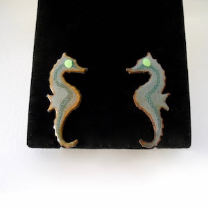 Vintage Unique Sea Horse Earrings Enamel on Copper circa 1930