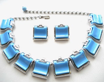 Vintage Mid-Century Chunky Statement Necklace and Earrings Set  Blue Lucite Plastic & Silver Tone Links