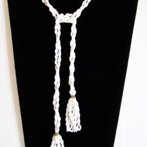 Vintage Sautoir Necklace Flapper White Glass Bead with Bead Tassel Fringe Long Rope Lariat circa 1930