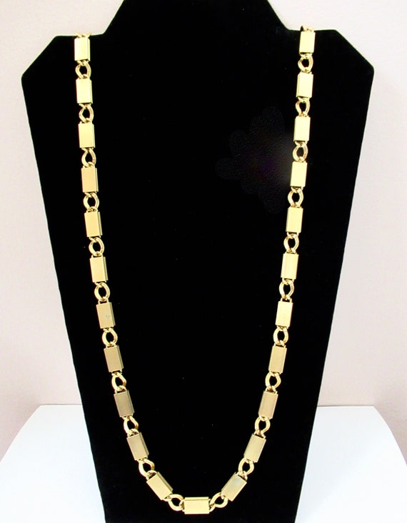 Vintage Big Links Long Textured Gold Bars Chain Ne