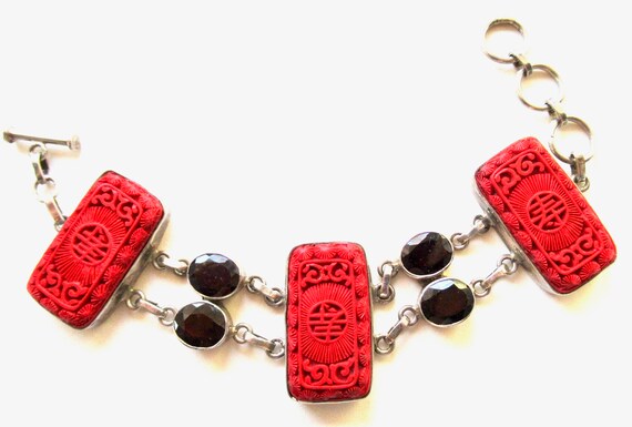 Vintage Cinnabar and Garnet Links Bracelet in 925… - image 5