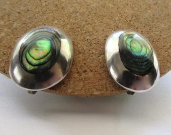 Vintage Mexico Cuernavaca Artisan AFG Sterling Silver 925 Abalone Inlay 1940s Earrings
