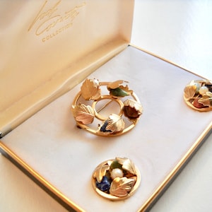 Vintage LADY COVENTRY Set in Original Box Semi Precious Stones and Pearls Brooch & Earrings Top Quality Mid Century Collector Gift Idea