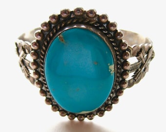 Vintage Navajo Silver Turquoise Cuff Bracelet Jane Yikaazba Popovich Dine' Silversmith  Signed JP