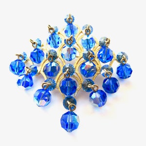 Vintage Cascading Blue Crystals and Beads in Textured Golden Brooch Pin Gift Quality