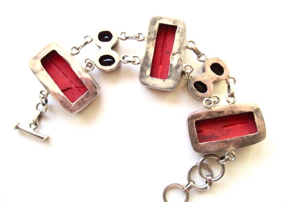 Vintage Cinnabar and Garnet Links Bracelet in 925… - image 2