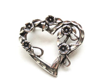 Vintage Floral Heart Sterling Silver Brooch Pin Gift for Her