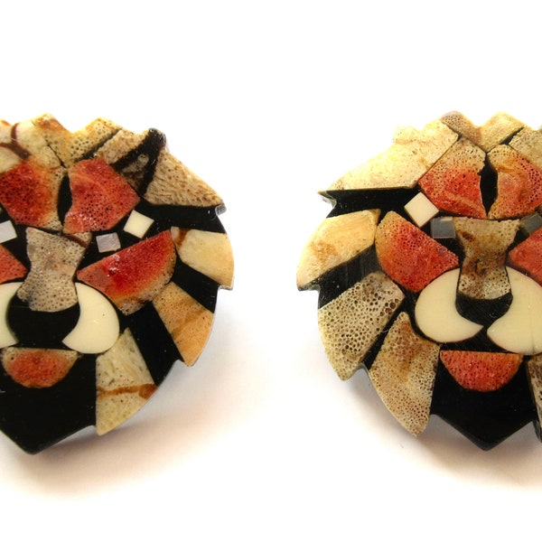 Vintage Lee Sands Lion  Earrings Large Mosaic Red Sponge Coral Mother of Pearl Black Resin Inlay 1980s