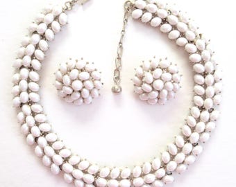 Vintage CROWN TRIFARI White Faux Pearl Cabochons Choker and Earrings Set 1950s Quality
