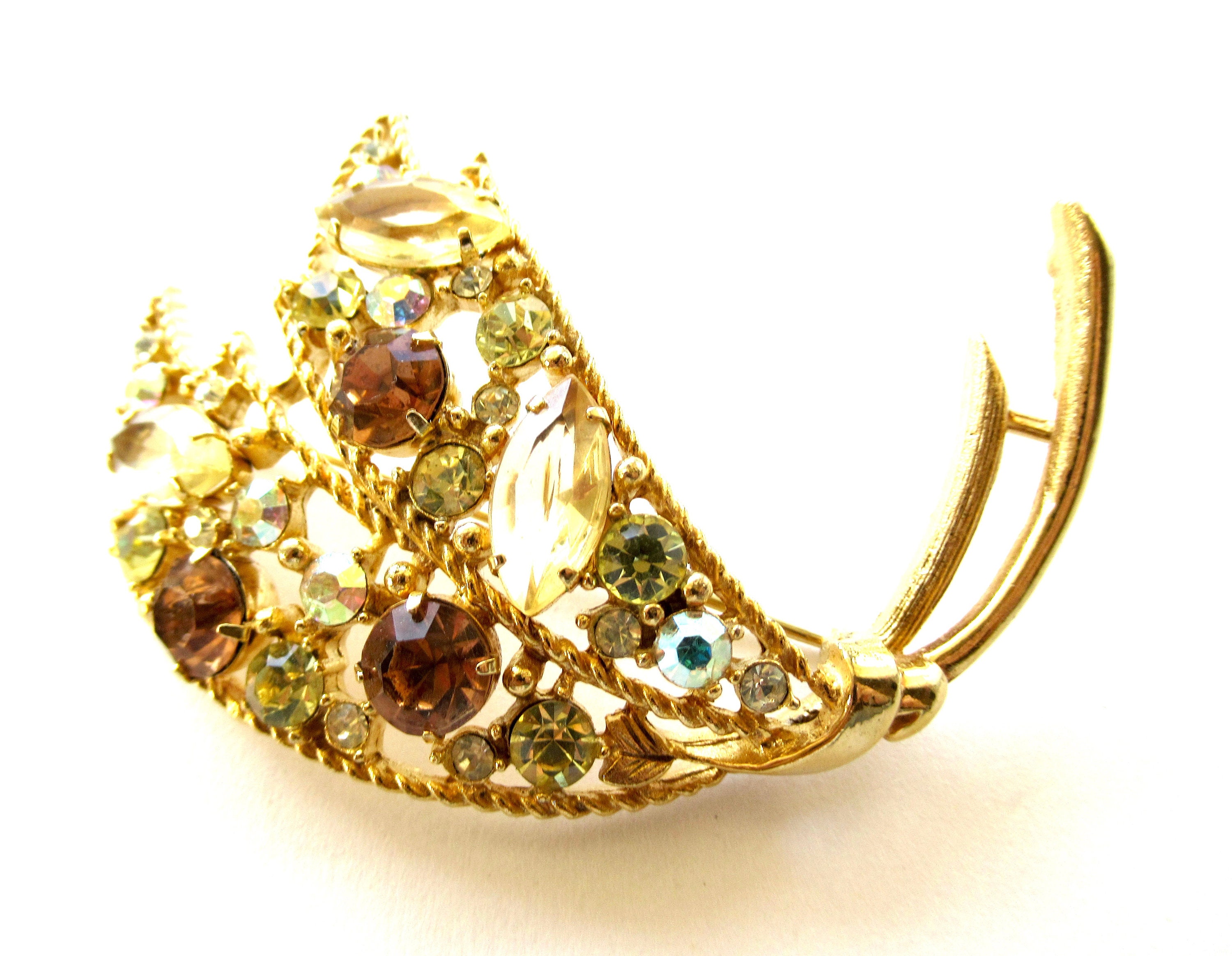 トパーズブローチ HUGE Kramer NY Faceted Jewel Tone Topaz Glass Flower Brooch