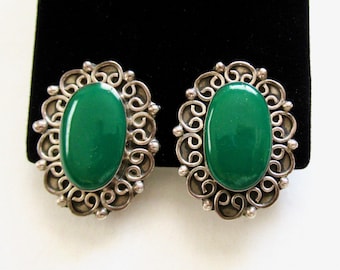 Vintage Taxco Mexico Sterling Silver and Green Onyx Earrings TC - 257