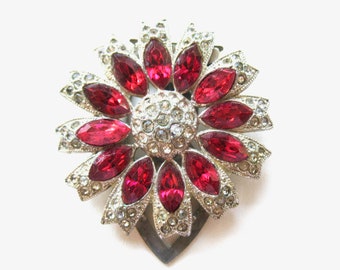 Vintage Floral Rhinestone 1930's Dress Fur Clip Brilliant Pink and Clear Petals Fancy Clip Back