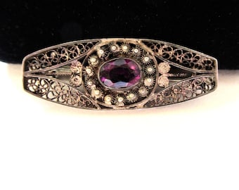 Antique Victorian Silver Filigree Brooch Pin Cannetille Amethyst Pin
