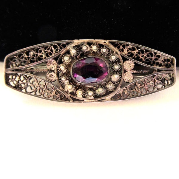 Antique Victorian Silver Filigree Cannetille & Amethyst Brooch Pin Hand Crafted  1800s T bar C clasp