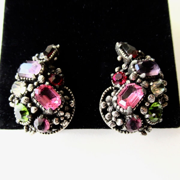 Vintage HOLLYCRAFT Floral Pastels Antiqued Silver Tone Clip Earrings COPR. 1954