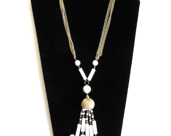 Vintage Mod Era Golden Chains & White Plastic Discs Pendant Necklace Circa 1970