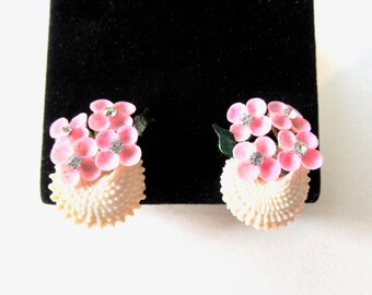 Vintage Delicate Pink Shells & Rhinestones Earrings