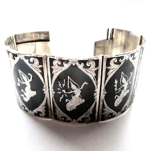 Vintage SIAM Sterling Silver Niello Panel Bracelet Thai Mythology  Characters Mekkala Ramasoon Legend*