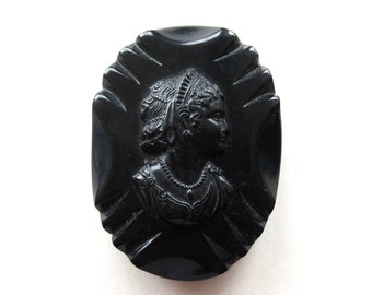 Vintage Large Black Bakelite Cameo Brooch Pin Heavy Solid Early Clasp Art Deco 1930s Gift for Her