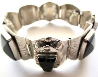 Vintage MEXICO Sterling Silver 925 and Black Onyx Hinged Sectional Panel Bracelet Tribal Mayan