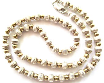Vintage Fluted and Gold Vermeil Two Tone Beads Necklace  Marked Y 925 Italy  Quality 26 Grams