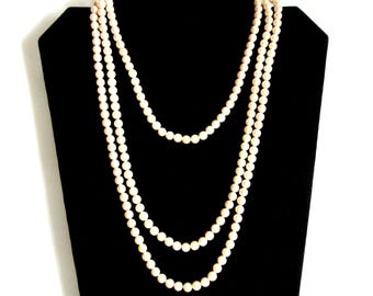 Vintage Long Strand Faux Pearl Flapper Beads Necklace Pearly Pink Versatile 1930s