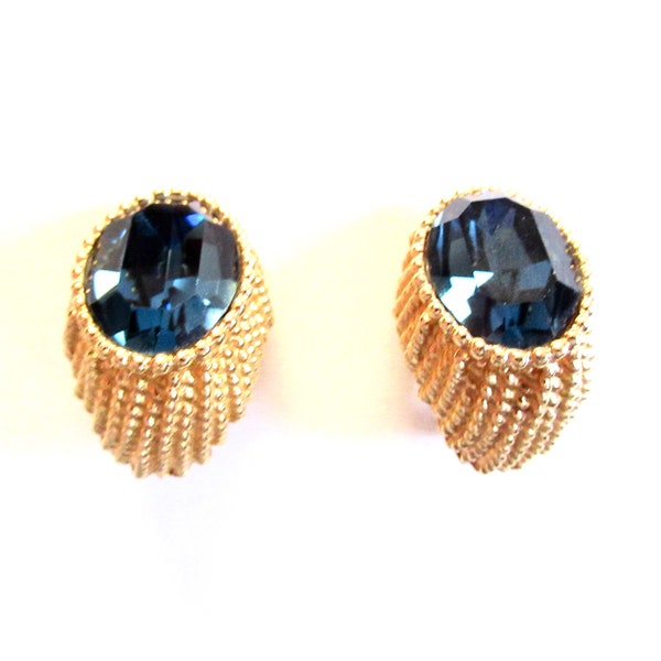 Vintage NAPIER Large Faceted Blue Rhinestone Textured Gold Pre 1955 MCM Runway Earrings Gift Quality